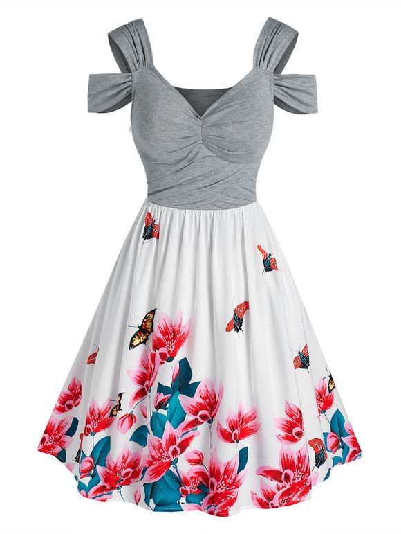 Ruched Floral Print Cold Shoulder Dress - multicolor XL