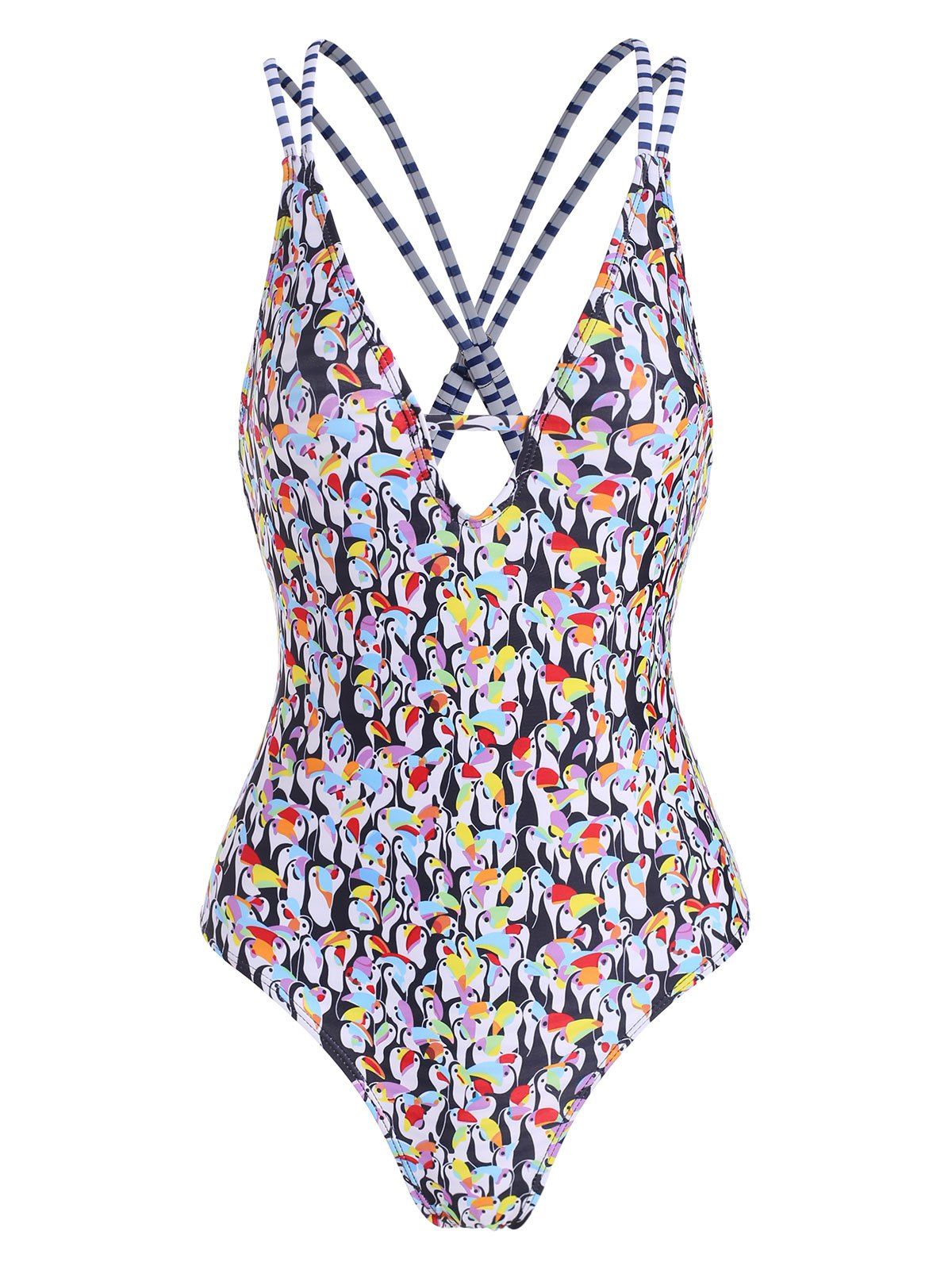 Penguin Print Deep V One-piece Swimsuit - COLORMIX L