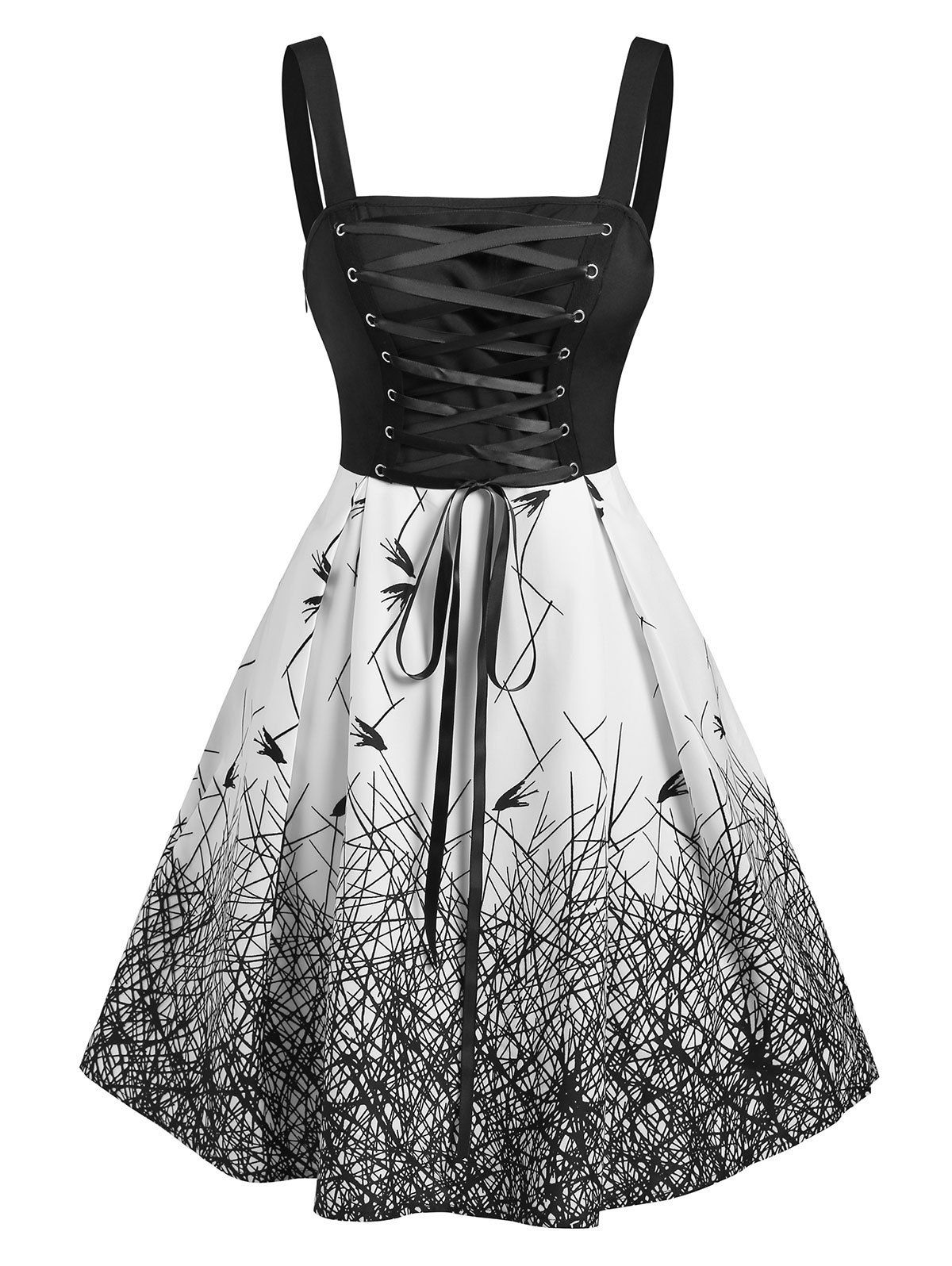 Gothic Lace Up Printed Corset Style A Line Mini Dress - BLACK XXXL