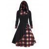 Robe Mi-Longue à Capuche Superposée à Carreaux avec Bouton - Rouge L