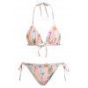 Petit Bikini avec Attaches sur le Côté Motif Tropical et Flamant Rose - Rose Abricot Clair S