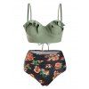 Floral Ruffles Lace-up Push Up Bikini Swimsuit - CAMOUFLAGE GREEN S
