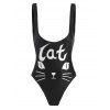 Maillot de Bain 1 Pièce à Col en U à Visage de Chat - Noir M