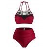 Maillot de Bain Bikini Panneau en Dentelle à Col Halter - Rouge Vineux 2XL
