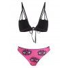 Sexy Contrast Bikini Swimsuit Print High Cut Swimwear Set - BLACK / ROSE RED 2XL