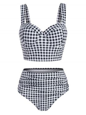 Gingham Side Boning Push Up Ruched Tankini Swimwear