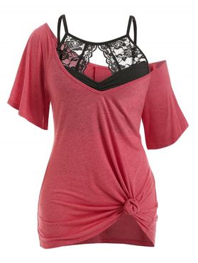 Plus Size Convertible Collar T-shirt and Lace Cami Top Set