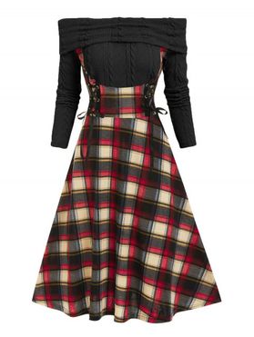 Off The Shoulder Plaid Lace Up 2 in 1 Dress