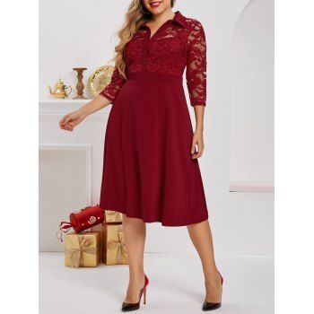 

Plus Size Half Button Lace Panel Midi Dress, Red wine