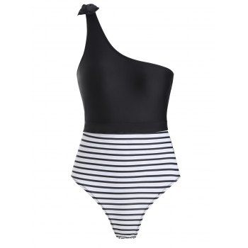 

One Shoulder Striped Swimsuit, Black