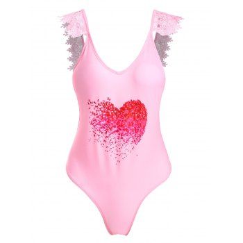 Lace Applique Plunge Backless Valentine Swimsuit