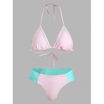 

Sweet Colorblock Bikini Swimsuit Mesh Bicolor Halter Swimwear Set, Pink