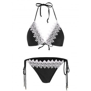 

String Two Tone Halter Bikini Set, Black