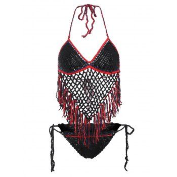 

Knit Fishnet Fringe Bikini Set, Colormix