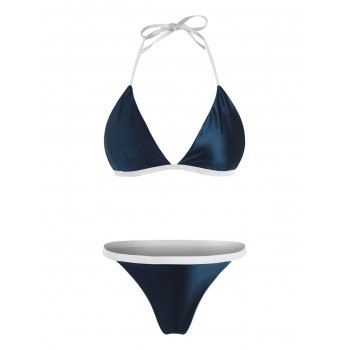 

Sexy Colorblock Bikini Swimsuit Bicolor Contrast String Swimwear Set, Deep blue