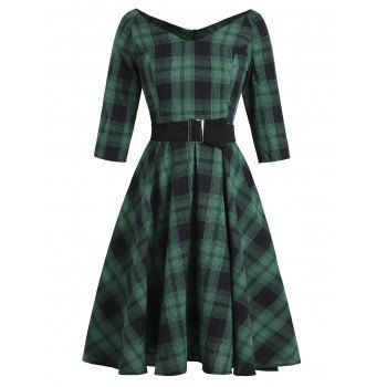 

Plaid V Neck Raglan Sleeve Belted Dress, Deep green