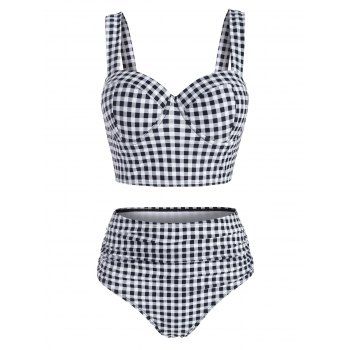 

Gingham Side Boning Push Up Ruched Tankini Swimwear, Black