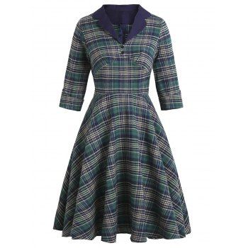 

Plaid Cuffed Sleeve Mock Button Lapel Dress, Deep green