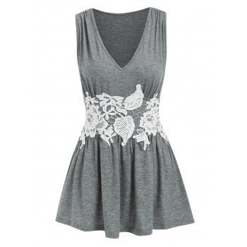 

Ruched Lace Panel Peplum Tank Top, Gray