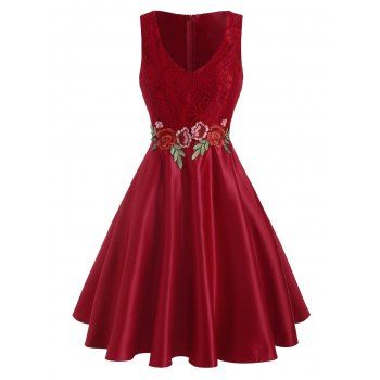 

Lace Panel Floral Embroidered Applique Fit And Flare Party Dress, Red