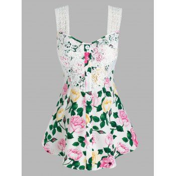 Plus Size Lace Panel Floral Print Swing Tank Top, White