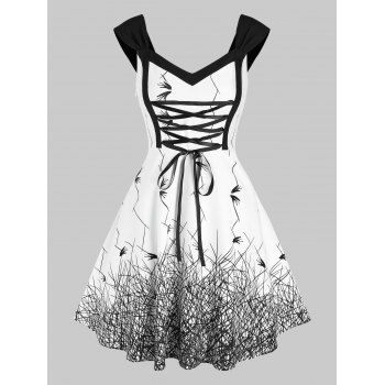 

Sleeveless Birds Print Lace-up Dress, Multicolor