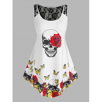 

Plus Size Lace Insert Skull Butterflies Print Tank Top, White