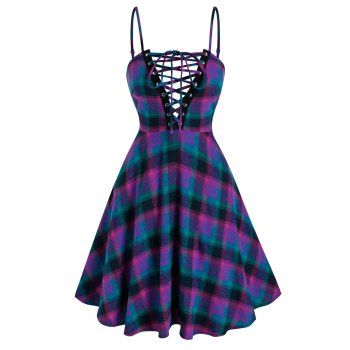 

Vintage A Line Mini Dress Plaid Lace Up Plunging Neck Sleeveless High Waist Flare Summer Dress, Multicolor