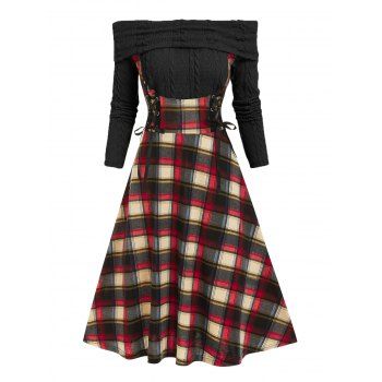

Vintage Off Shoulder Plaid Lace Up 2 In 1 Dress, Black