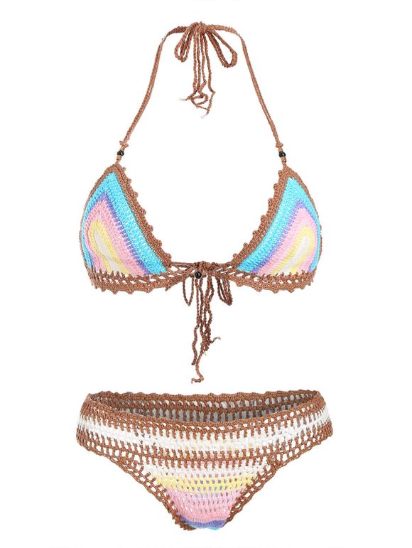 Maillot de bain bikini bohème au crochet rayé en tricot col halter de plage - multicolore ONE SIZE(FIT SIZE XS TO M)