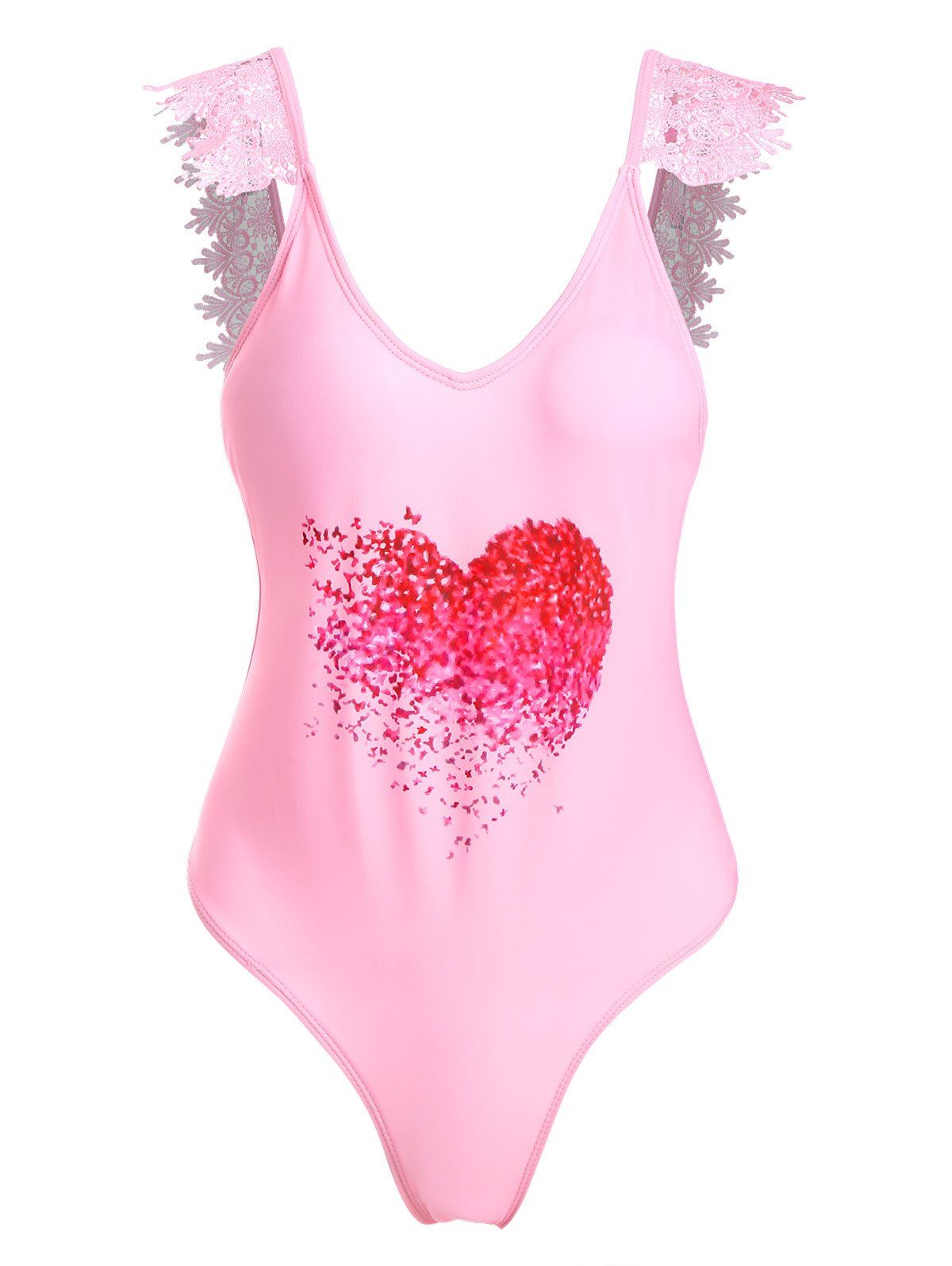 Lace Applique Plunge Backless Valentine Swimsuit - PINK L