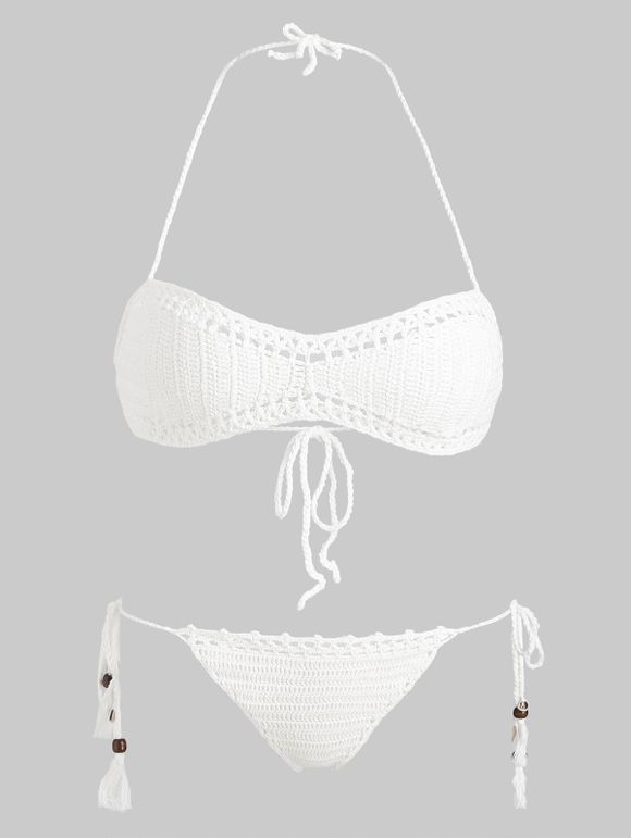 Bohemian Bikini Swimsuit Crochet Swimwear String Tie Side Solid Color Beach Bathing Suit - WHITE ONE SIZE(FIT SIZE XS TO M)