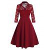 Plus Size Half Button Lace Panel Midi Dress - RED WINE L