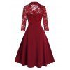 Plus Size Half Button Lace Panel Midi Dress - RED WINE L