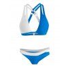 Maillot de Bain Bikini Croisé en Blocs de Couleurs à Taille Basse avec Trou de Serrure - Bleu Océan S