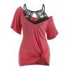 Plus Size Convertible Collar T-shirt and Lace Cami Top Set - RED 2X