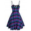 Vintage A Line Mini Dress Plaid Lace Up Plunging Neck Sleeveless High Waist Flare Summer Dress - multicolor M