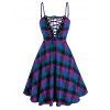 Robe Evasée Vintage à Carreaux à Lacets sans Manches à Taille Haute à Col Plongeant en Ligne A - multicolor L