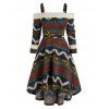 Knitted Tribal Print Cold Shoulder High Low Dress - DEEP BLUE M