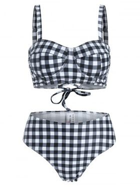 Gingham Underwire Ruched Picot-trim Three Piece Swimsuit