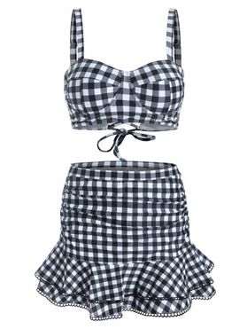 Gingham Underwire Ruched Picot-trim Three Piece Swimsuit