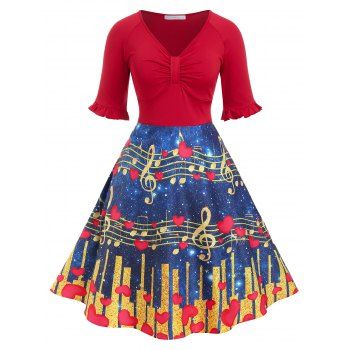 

Plus Size Vintage Musical Notes Heart Print Dress, Red