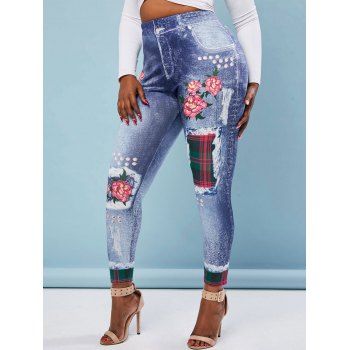 

3D Print Floral Plaid Panel High Waisted Plus Size Jeggings, Blue