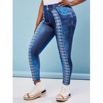 

3D Lattice Print High Waisted Plus Size Jeggings, Blue