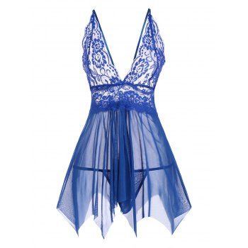 

Lace and Mesh Flyaway Handkerchief Hem Babydoll Set, Blue