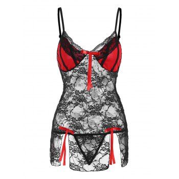 

Bowknots Slit Lace Chemise Set, Red
