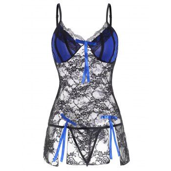 

Bowknots Slit Lace Chemise Set, Blue