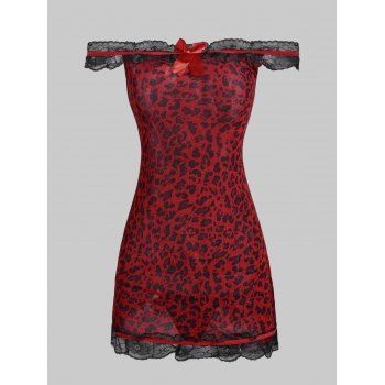 

Off The Shoulder Lace Trim Frilled Leopard Mesh Dress, Red