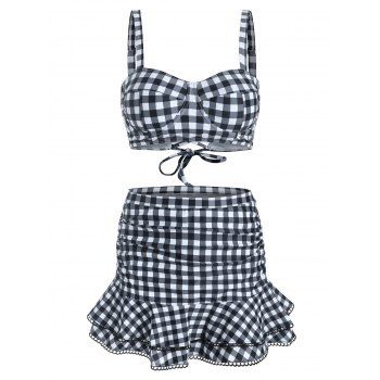 

Gingham Underwire Ruched Picot-trim Three Piece Swimsuit, Black