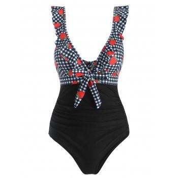 Ruffle Gingham Strawberry Print Knot Ruched One-piece Swimsuit